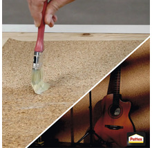 Auf dem Bild ist ein Korkboden zu sehen, auf den mit einem Pinsel Klebstoff aufgetragen wird. Im unteren Teil des Bildes ist eine Gitarre vor einer Korkwand zu sehen. Außerdem ist das Pattex Logo abgebildet.