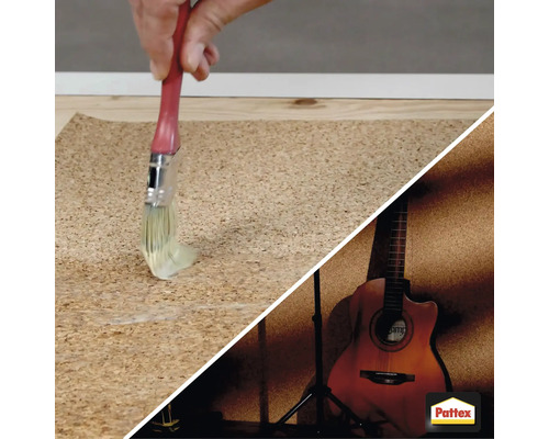Auf dem Bild ist ein Korkboden zu sehen, auf den mit einem Pinsel Klebstoff aufgetragen wird. Im unteren Teil des Bildes ist eine Gitarre vor einer Korkwand zu sehen. Außerdem ist das Pattex Logo abgebildet.