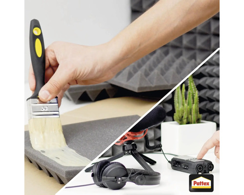 Aufbringen von Klebstoff auf eine Akustikschaumstoffplatte mit einem Pinsel und Aufnahmeequipment