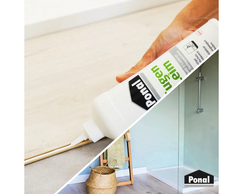 Anwendung von Fugenleim für Laminat und Parkett sowie eine Duschkabine im Hintergrund