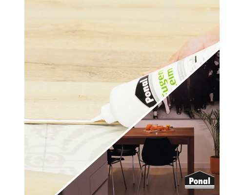 Anwendung von Fugenleim zwischen Wand und Bodenfliesen, dazu das Ponallogo.