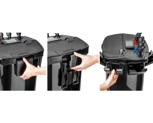 Drei Ansichten eines Aquael Außenfilters mit Filtermedien und Verschlüssen