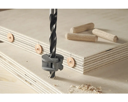 Dübelbohrer mit Dübelspitzen und Holzdübeln auf Holzplatte