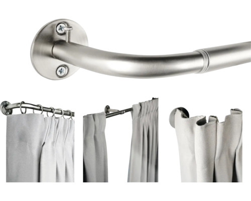 Gardinenstange aus Metall mit Gardinenringen und Vorhang