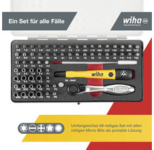 Wiha Micro Bit Set mit Schraubendreher und Ratsche in einem transparenten Kasten.