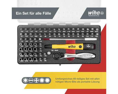 Wiha Micro Bit Set mit Schraubendreher und Ratsche in einem transparenten Kasten.