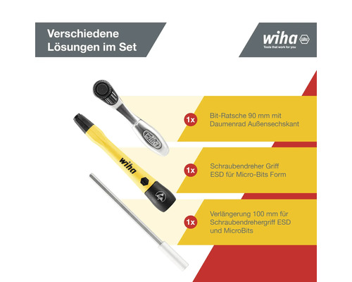 Wiha Werkzeugset mit Bit-Ratschen, Schraubendrehergriff und Verlängerung
