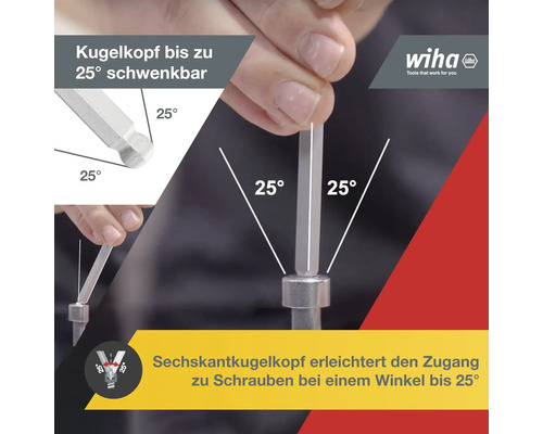 Illustration eines Sechskantkugelkopfschraubendrehers, der einen Winkel von bis zu 25 Grad erreicht