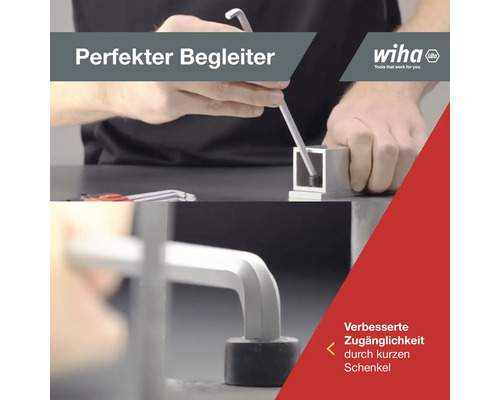 Wiha Logo. Anwendung von Winkelschraubendrehern an einem Werkstück.