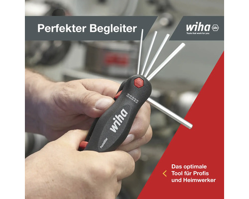 Eine Person hält einen Wiha PocketStar Innensechskantschlüssel in der Hand.