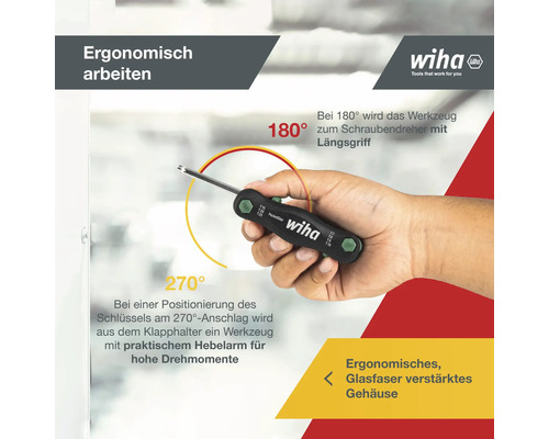Hand hält Wiha PocketStar Klapphalter mit Drehmomenten bei 180 Grad und 270 Grad