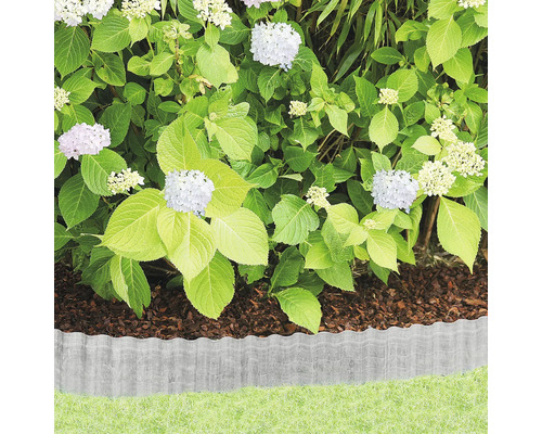 Gartenszene mit Rasen, Beet mit Rindenmulch, Hortensien und Rasenkante