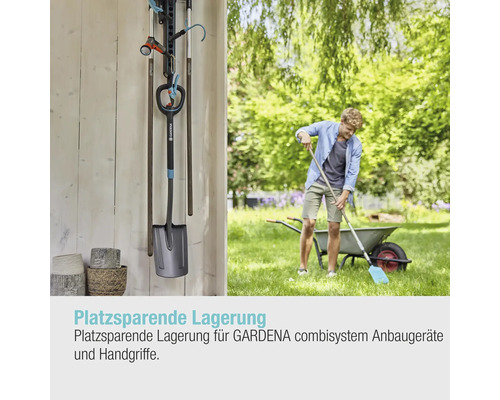 Gartenszene mit einer Person, die im Garten arbeitet und einer platzsparenden Aufbewahrungslösung für Gartengeräte.