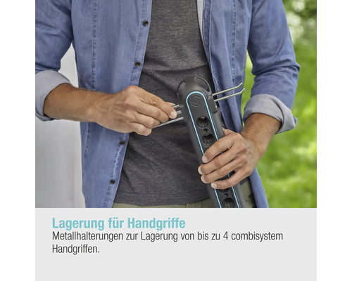 Aufbewahrung für Gartengeräte mit Metallhalterungen für bis zu vier combisystem Stiele.