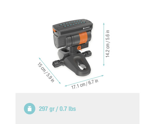 Gardena Vielflächenregner mit Abmessungen