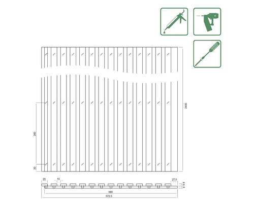 Technische Zeichnung einer Holzfassade mit Montagehinweisen