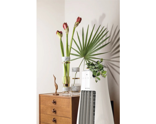 Dekorative Szene mit einem Turmventilator, Blumen und einer Holzkommode