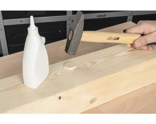 Hammer schlägt Holzdübel in ein Holzbrett neben einer Flasche Holzleim