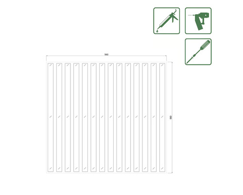 Schematische Darstellung einer Zaunblende mit den Maßen 560 x 560 mm sowie Symbole für Werkzeuge.