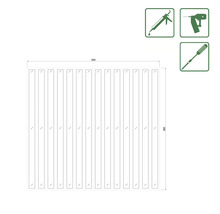 Technische Zeichnung eines Zaunelements mit Abmessungen und Werkzeugsymbolen
