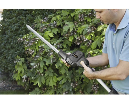 Eine Person bedient eine Akku-Teleskop-Heckenschere im Garten.