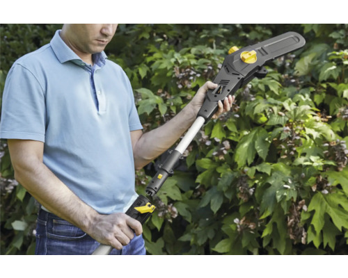 Eine Person hält eine Akku-Hochentaster im Garten.