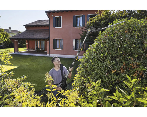 Mann schneidet Hecke mit einer Akku-Teleskop-Heckenschere im Garten.