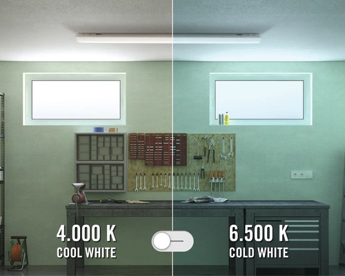 Werkstattbeleuchtung mit Farbtemperatur von 4000 Kelvin und 6500 Kelvin im Vergleich