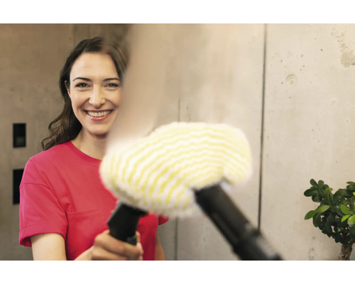 Eine Frau benutzt einen Dampfreiniger zur Reinigung.