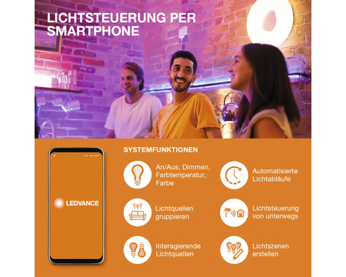 Lichtsteuerung per Smartphone mit Systemfunktionen wie An/Aus, Dimmen, Farbtemperatur und automatisierte Lichtabläufe.