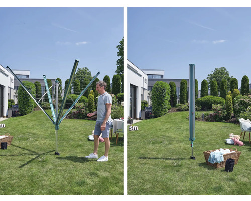 Eine Wäschespinne im Garten, dargestellt einmal geöffnet mit einem Mann daneben und einmal geschlossen mit einem Wäschekorb daneben.