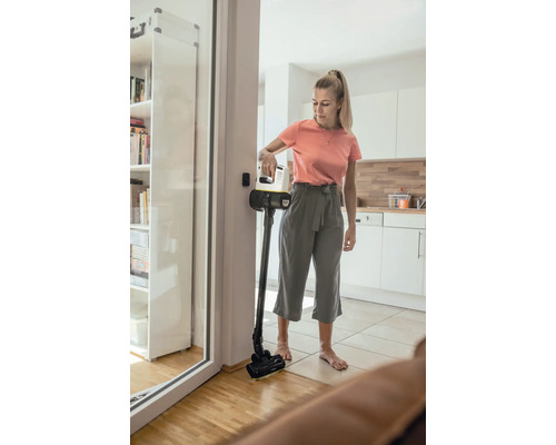 Frau benutzt Akku Staubsauger im Wohnzimmer