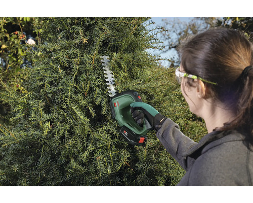 Frau schneidet Hecke mit Akku-Heckenschere