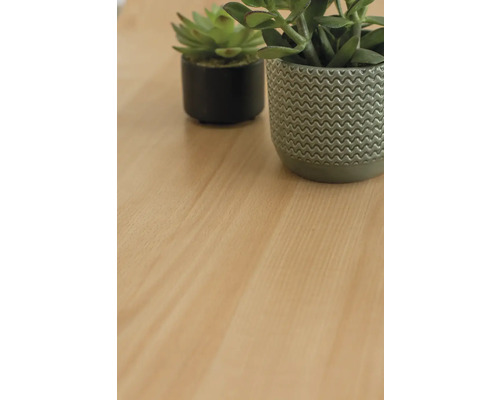 Dekorative Kunstpflanzen in Töpfen auf einer Holzoberfläche.