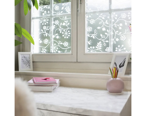 Fenster mit Sichtschutzfolie mit Blumenmuster und Büchern auf der Fensterbank.