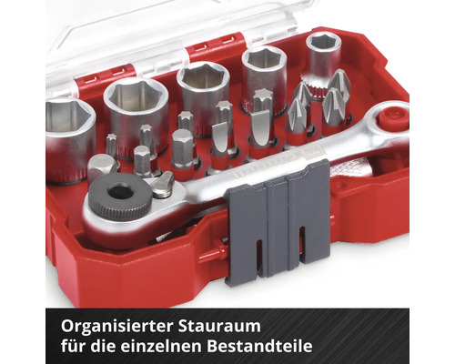 Steckschlüsselsatz mit Ratsche und Bits in rotem Gehäuse