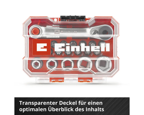 Einhell Logo über Steckschlüssel Set mit Ratsche und Bits im durchsichtigen Kasten
