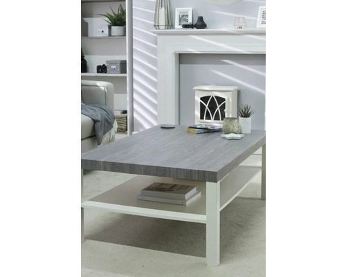 Wohnzimmer mit Couch, Regal, Kamin und Couchtisch mit Ablage