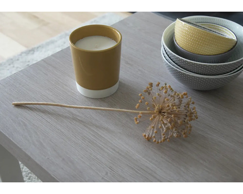 Dekoration mit Kerze, Zierlauch und Schalen auf einem Tisch