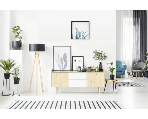 Helles Wohnzimmer mit Sideboard, Stehlampe, Zimmerpflanzen und Dekoration