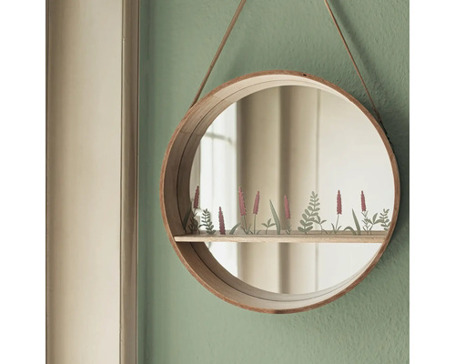 Runder Spiegel mit Holzrahmen und Ablagefläche, aufgehängt an einem Lederband