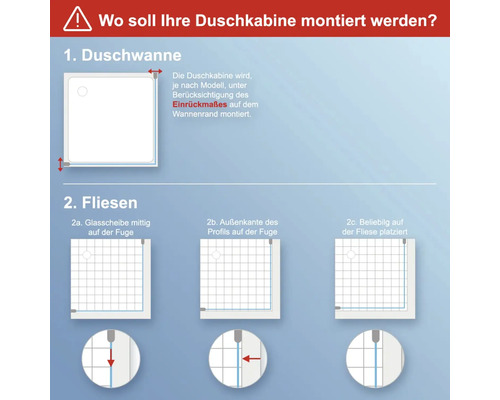 Illustration zur Montage einer Duschkabine auf einer Duschwanne oder Fliesen.