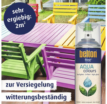 Belton Free Aqua Colors Klarlack Spraydose neben bemalten Gartenmöbeln