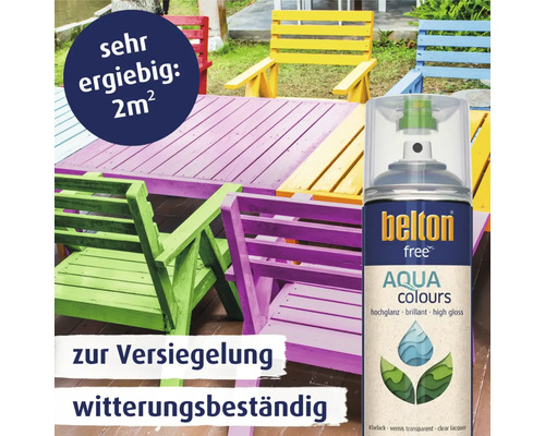 Belton Free Aqua Colors Klarlack Spraydose neben bemalten Gartenmöbeln