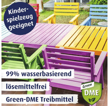 Bemalte Tische und Stühle im Garten mit Symbolen für kindergeeignet, 99 Prozent wasserbasiert, lösemittelfrei und Green DME Treibmittel