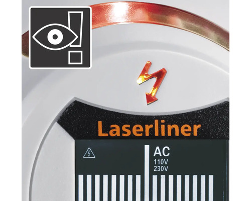 Laserliner Logo. Warnsymbol für Augenreizung. Warnsymbol für elektrische Spannung.