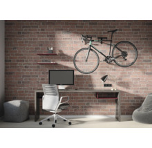 Büro mit Schreibtisch, Bürostuhl, Wandregalen und an der Wand montiertem Fahrrad