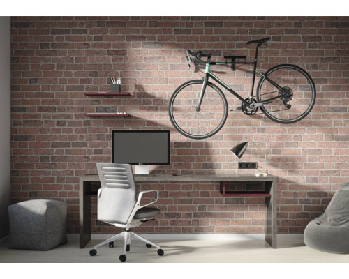 Büro mit Schreibtisch, Bürostuhl, Wandregalen und an der Wand montiertem Fahrrad