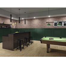 Innenraum mit Billardtisch, Bar und Backsteinmauer