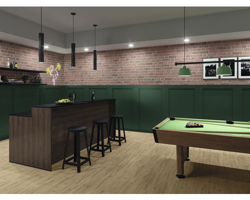 Innenraum mit Billardtisch, Bar und Backsteinmauer